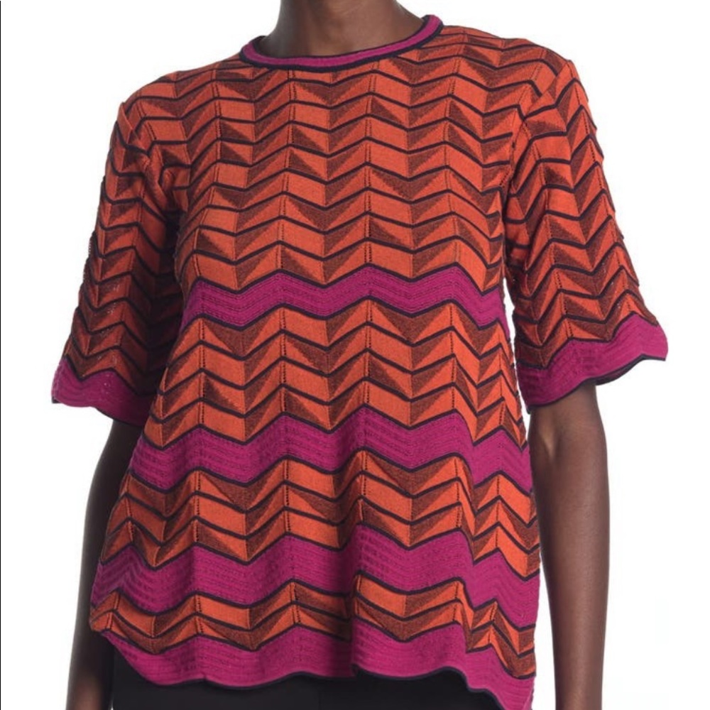 M Missoni Chevron Striped Scalloped T-shirt sweater, orange, navy, pink, 48/XL